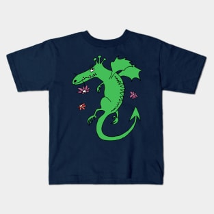 cute happy dragon - green with flowers Kids T-Shirt